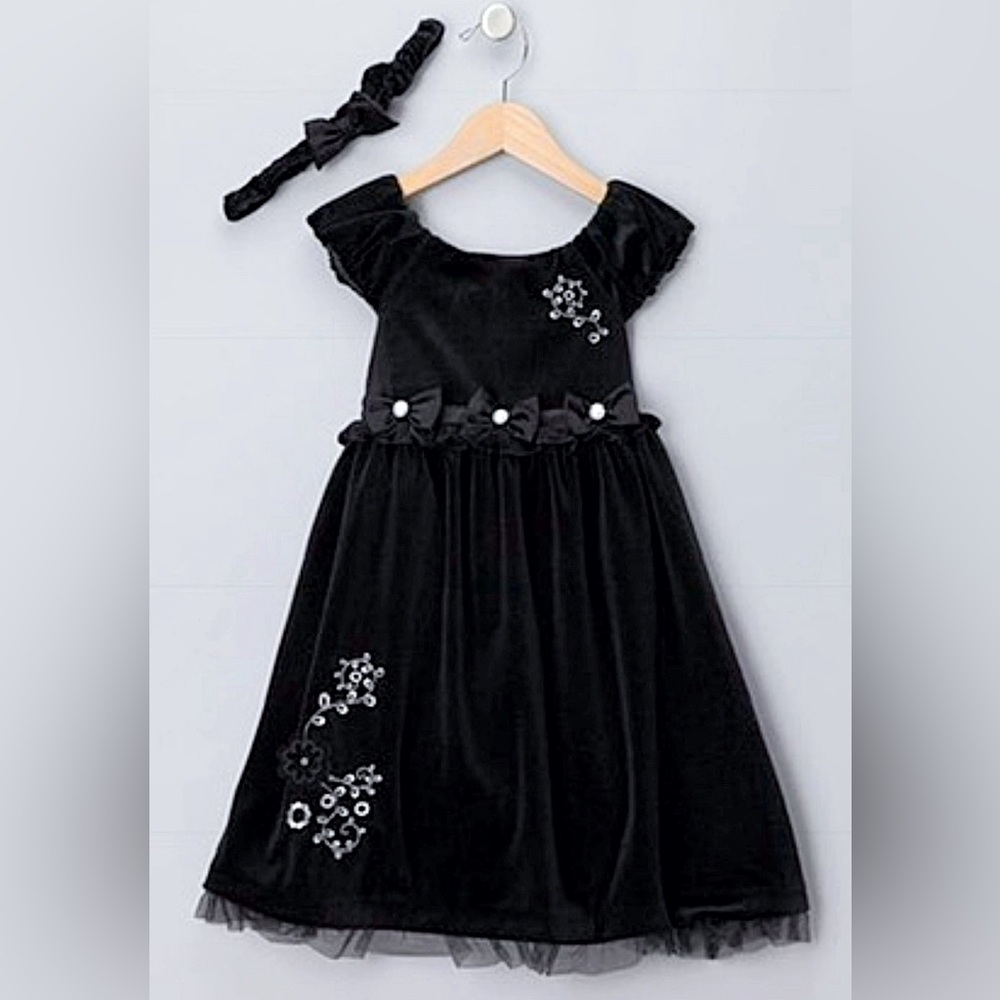 Little Bitty Black Velour Dress and Headband 2 piece set